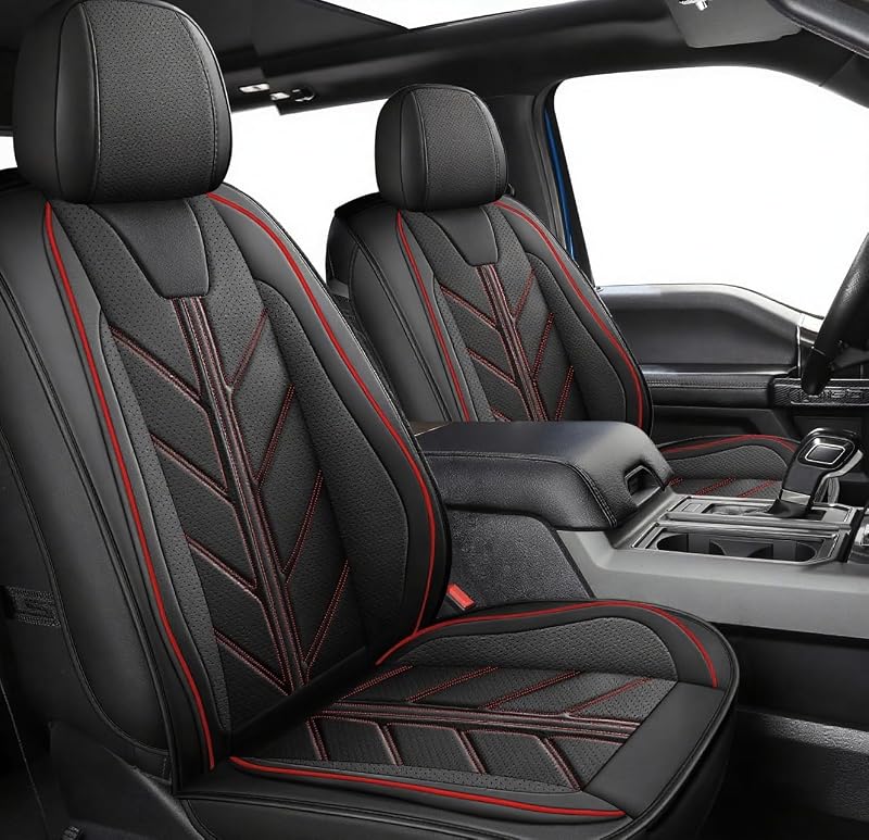 Capas para Bancos YOVEMEY em Couro Sintético Preto e Vermelho para Ford F-150 SuperCrew 2009–2026 e F-250/F-350/F-450 Super Duty Crew Cab 2017–2026, Kit Completo YM-F150