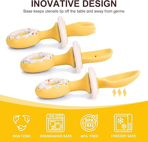Miniatura 8 de Paquete de 3 utensilios para bebé, cucharas de destete LED para bebés, cuchara y tenedor de silicona con succión, utensilios de autoalimentación