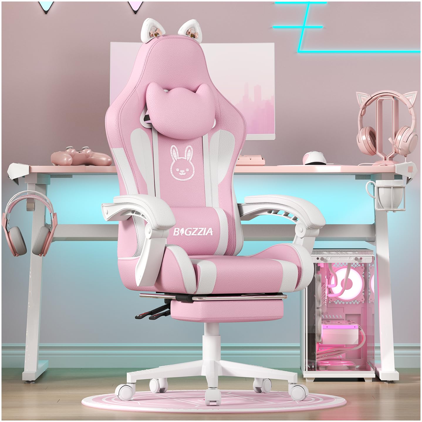 bigzzia Sedia Gaming Carina con Orecchie di Gatto, Sedia da Gioco con supporto Lombare Massaggiante, Sedia Ergonomica per Computer per Ragazza con Poggiapiedi e Poggiatesta (rosa e bianco)