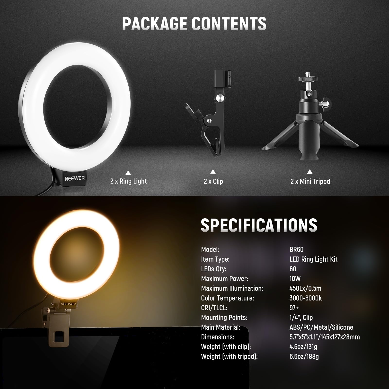 NEEWER BASICS Ring Light 5" per Video Conferenza, Kit Luce a Clip con Treppiede Tavolo (2pz) per Monitor Laptop Computer Chiamate Zoom Streaming Live Lavoro a Distanza Studio Registrazione Video, BR60