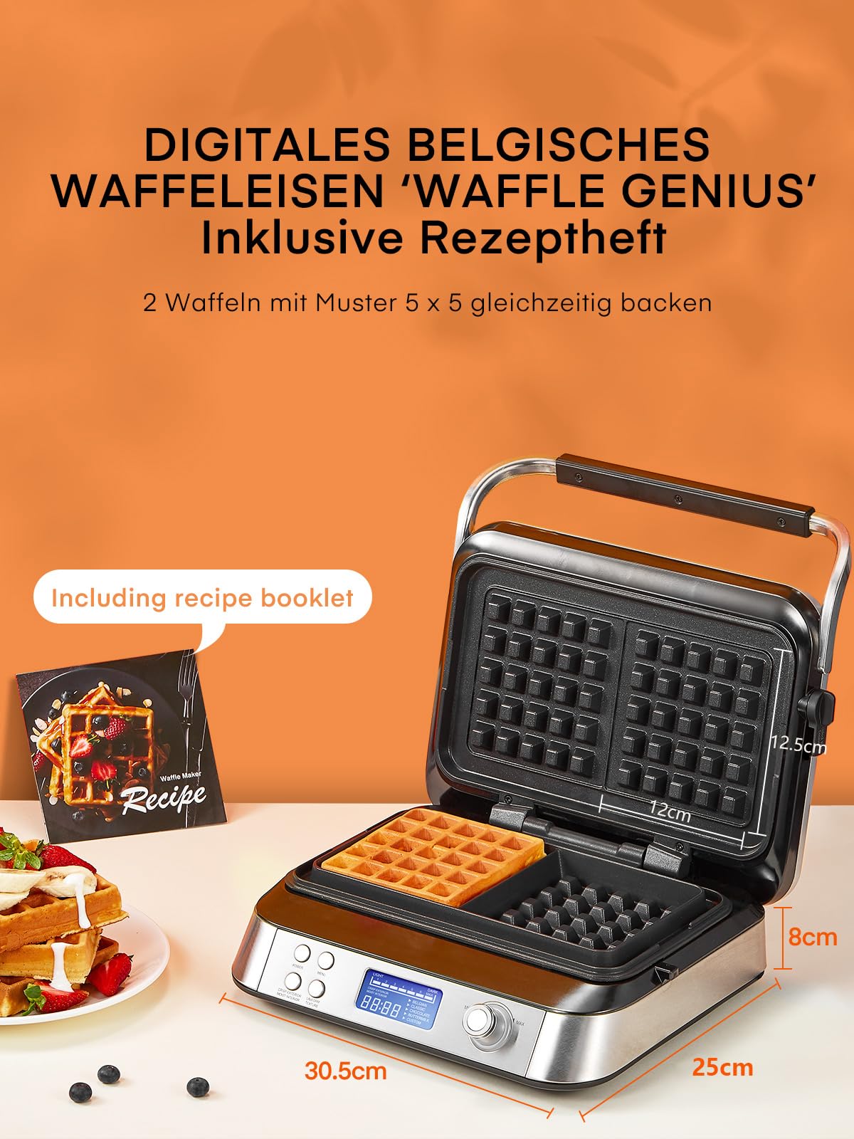 FOHERE Waffeleisen 1600 W, Doppelwaffeleisen für Belgische Waffeln, 5 Programme, 7 Bräunungsstufen, LCD Display, Countdown Timer, Überlaufrille, Extra Tiefe Heizplatten