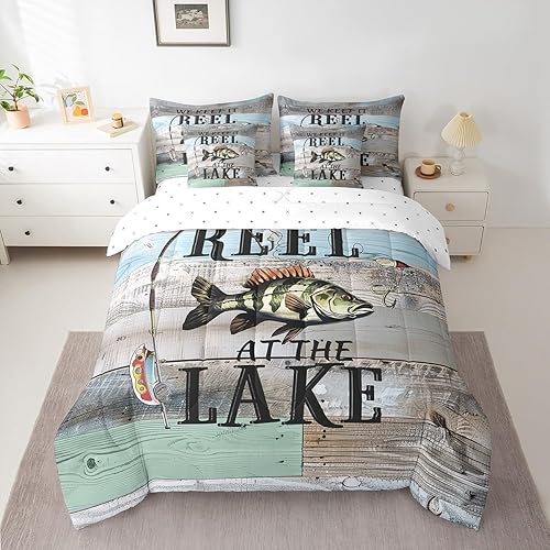 Erosebridal Lake Life Bed in a Bag King Size Comforter Set 7 Pieces,Pike Fish Fi
