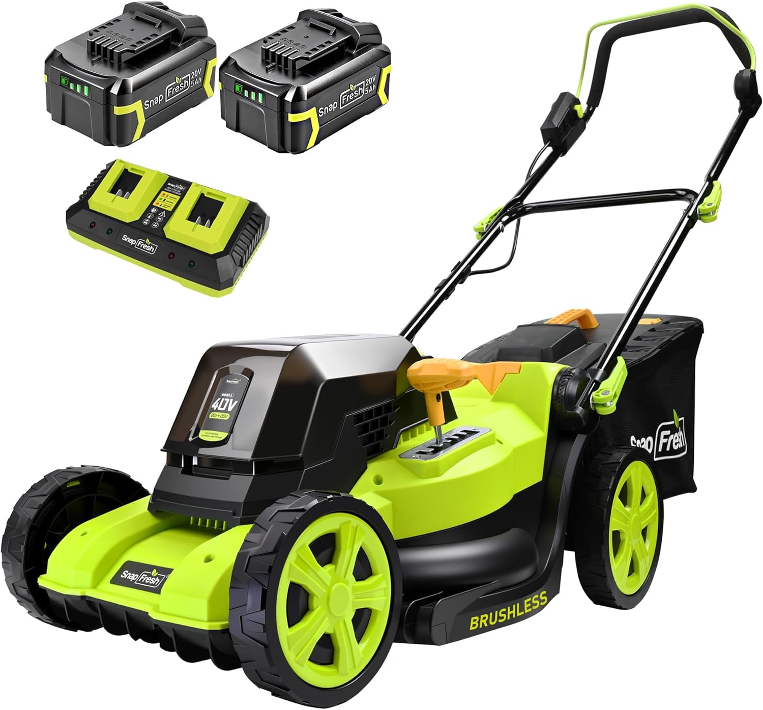 SnapFresh 40V 17” Brushless Lawn Mower – 2 x 5.0Ah Batteries Electric Cordless Push Mower with Fast Charger, 6-Level Height Adjustment, 45L Grass Bag, Lightweight Battery Powered Mower