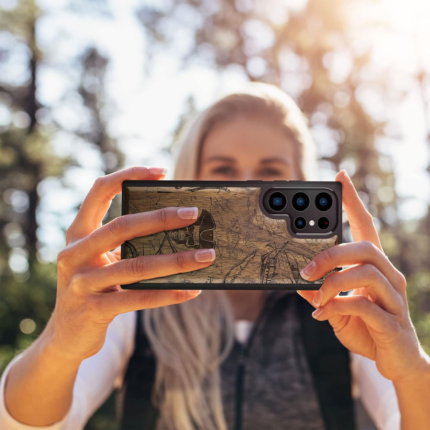 Carveit Wood Case for Galaxy S22 Ultra Case [Natural Wood & Black Soft TPU] Shockproof Protective Cover Unique & Classy Wooden Design Compatible with Samsung S22 Ultra (Pirate Flag-Walnut)