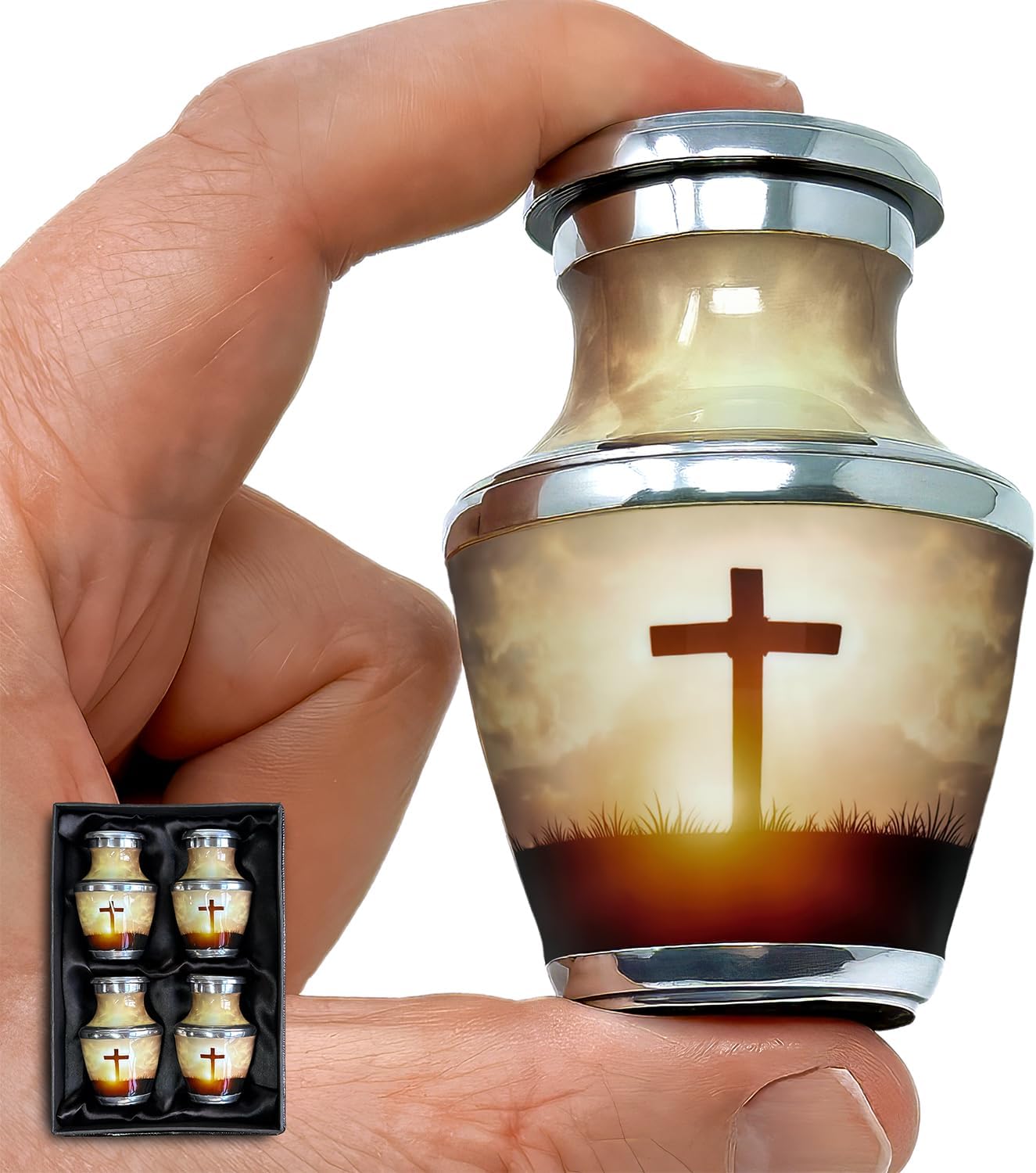 Transcendent Cross Mini Urn Set of 4, Small Urns for Human Ashes Keepsake, Adult Male/Female, 3 Cubic Inch Capacity