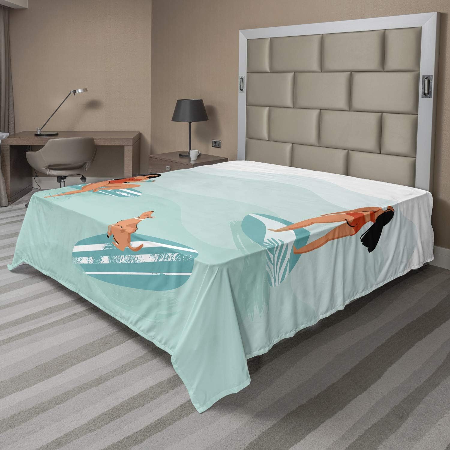 Ambesonne Summer Flat Sheet, Summer Time Fun Cartoon Illustration Surfing Girls in Bikini with a Little Dog, Soft Comfortable Top Sheet Decorative Bedding 1 Piece, Queen Size, Multicolor