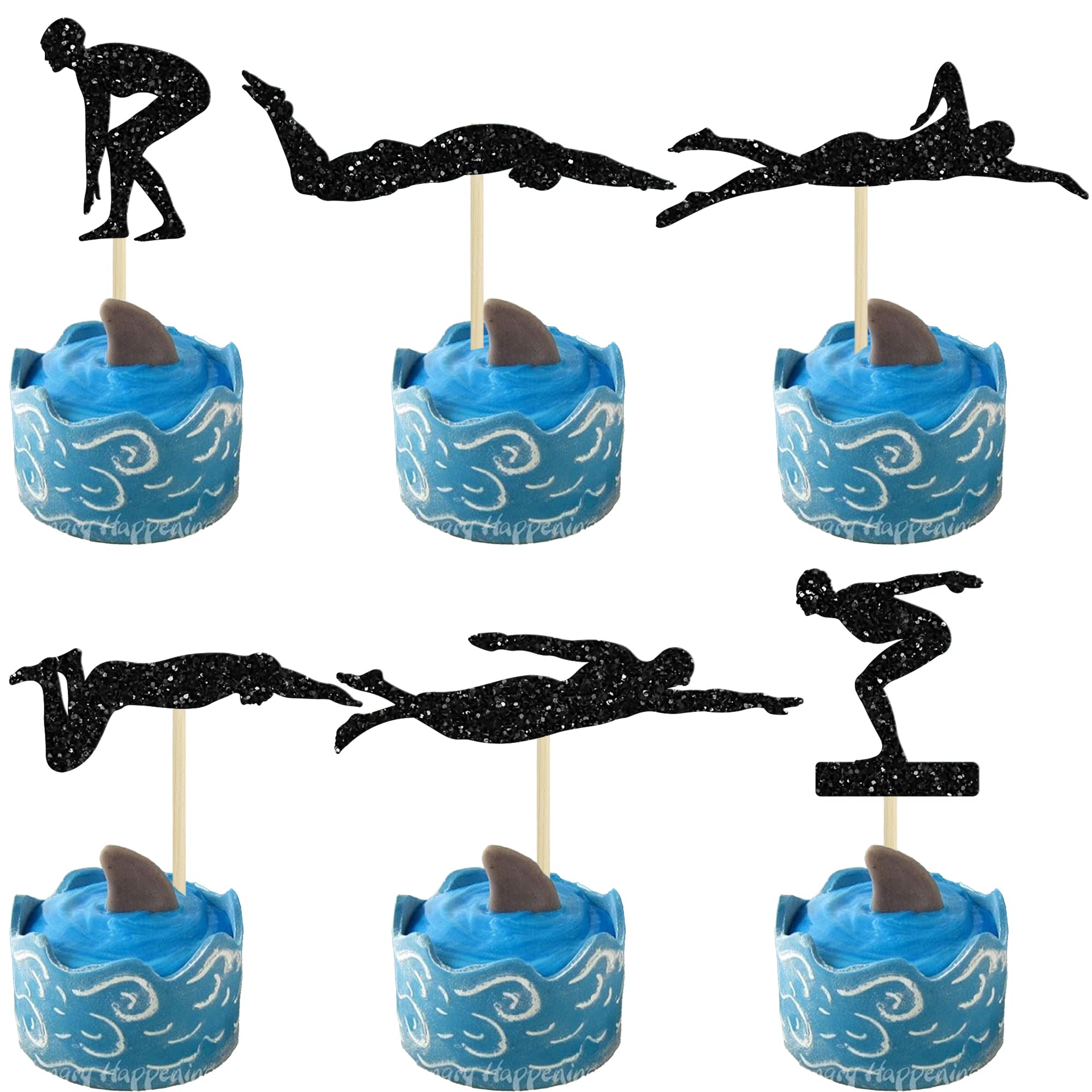Ephlyn 30Pcs Swim Cupcake Toppers Glitter Swimming Cupcake Picks Swimmer Team Cupcake Decorations for Sports Swim Beach Pool Theme Party Baby Shower Birthday Party Decorations Supplies Black