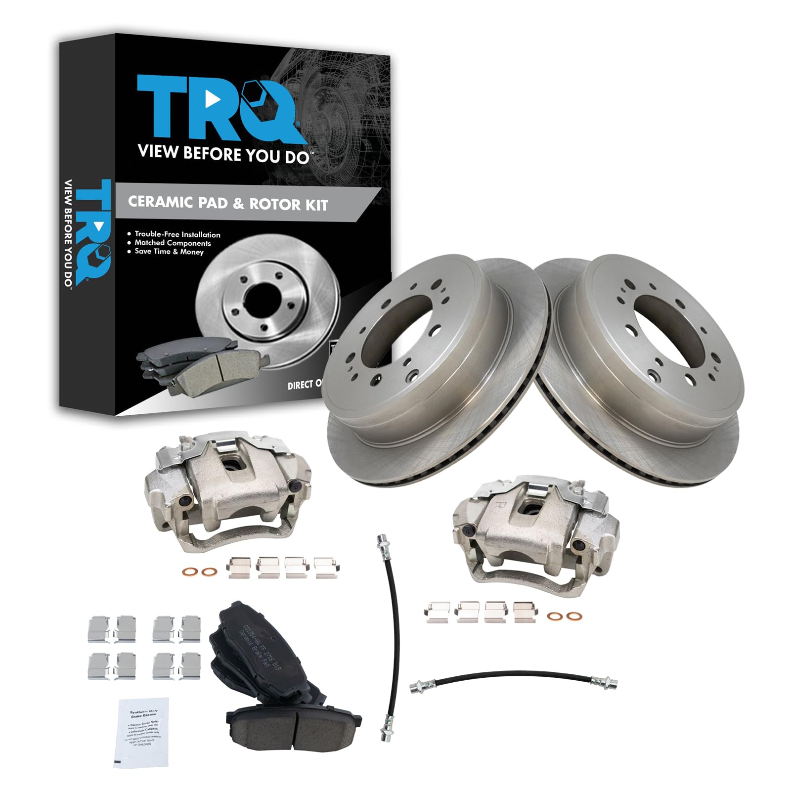 TRQ Rear Brake Pad and Rotor Set Ceramic Vented Rotors Calipers Hoses Compatible with 2013-2015 Lexus LX570 Land Cruiser