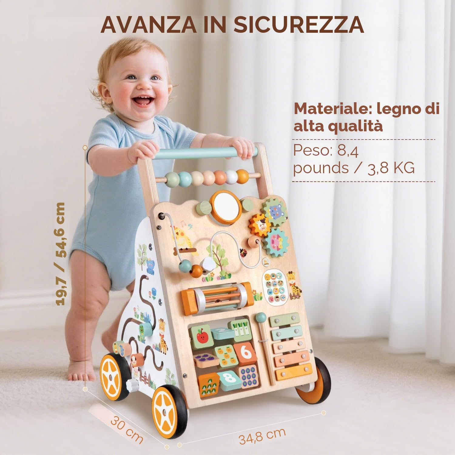 Girello in legno con ruote, centro attività Montessori per bambini, velocità e altezza regolabili, giocattolo educativo per camminare a spinta, regalo per 1+ anni