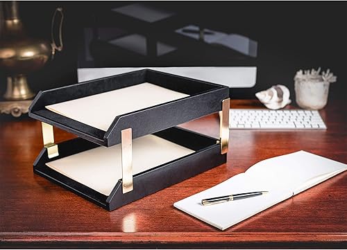 Miniatura 7 de Dacasso Juego clásico de accesorios de escritorio de cuero negro, acento dorado, elementos esenciales de organización de escritorio de 10 piezas con