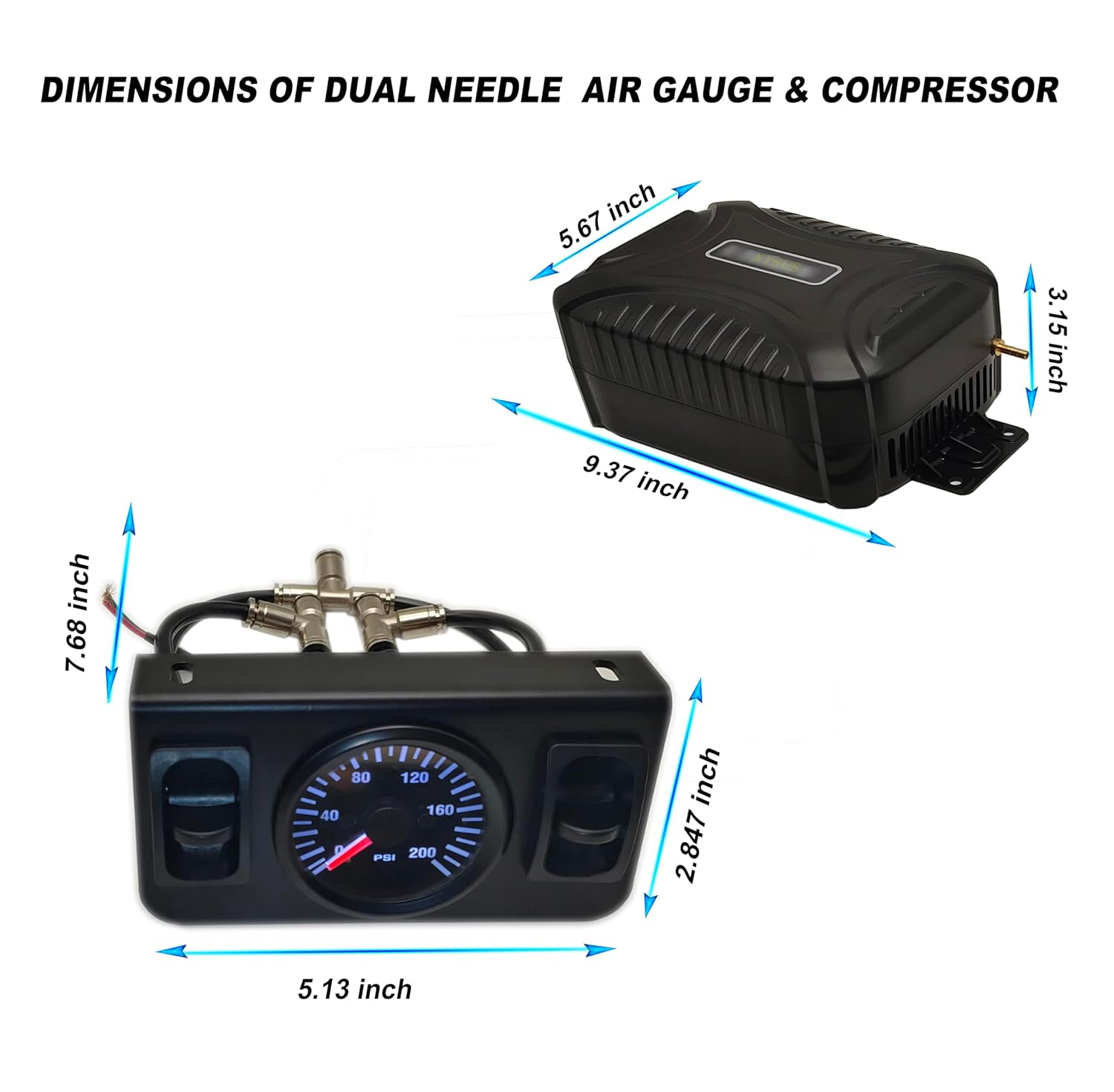NYSUS in Cab Dual Air Gauge Control Kit, Air Compressor Kit for Air Spring Suspension with Paddle Valve Gauge and Air Fittings for Truck, Van
