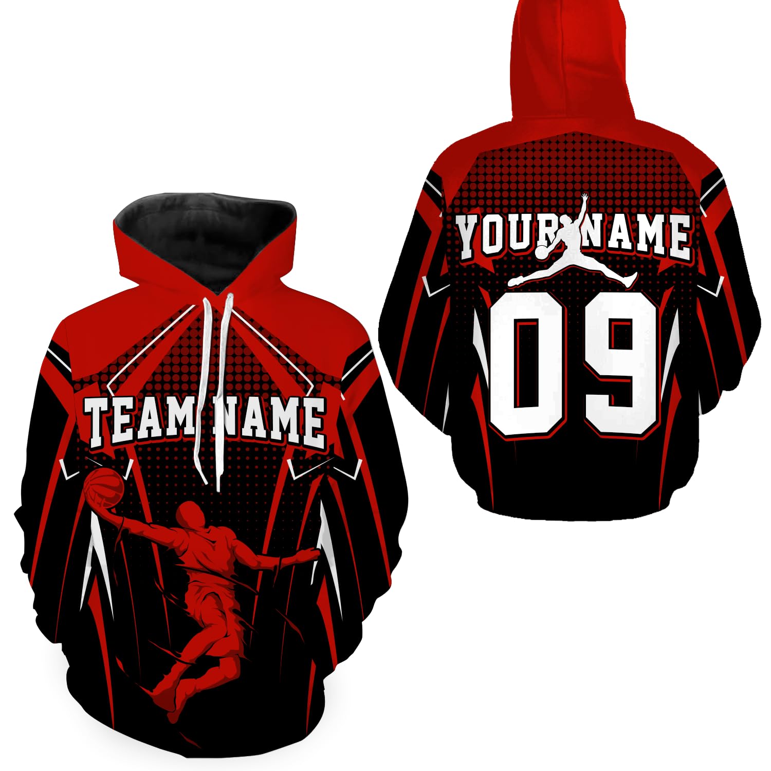 PIONAMZIOZ Custom Unisex Basketball Hooded Sweatshirt with Player Name 3D Basketball Silhouette Pullover Hoodie (US, Alpha, Small, 5X-Large, Regular, Regular, Red)