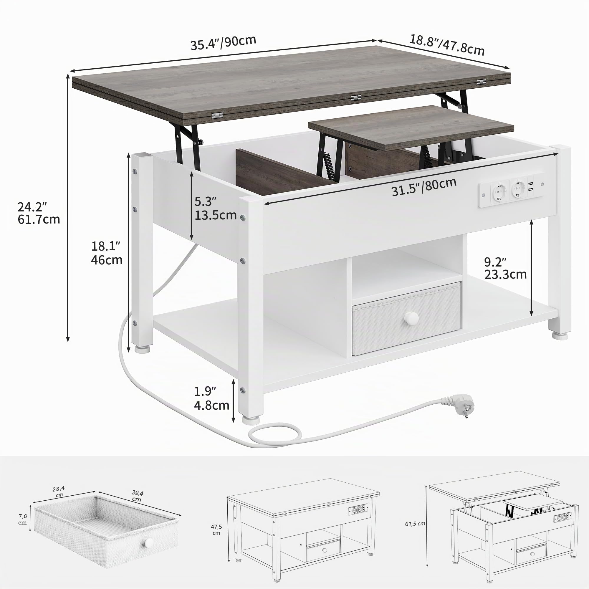 YITAHOME Tavolino con altezza regolabile, tavolino multifunzione 4 in 1 con spazio di archiviazione e illuminazione a LED, tavolino da caffè si trasforma in un tavolo da pranzo per il soggiorno