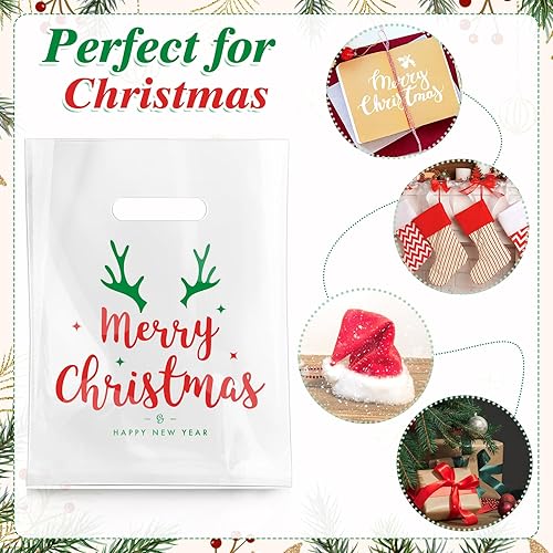 Miniatura 3 de Locmeo 100 bolsas de plástico transparente para mercancías navideñas con asa troquelada, bolsa de regalo para pequeñas empresas, compras,