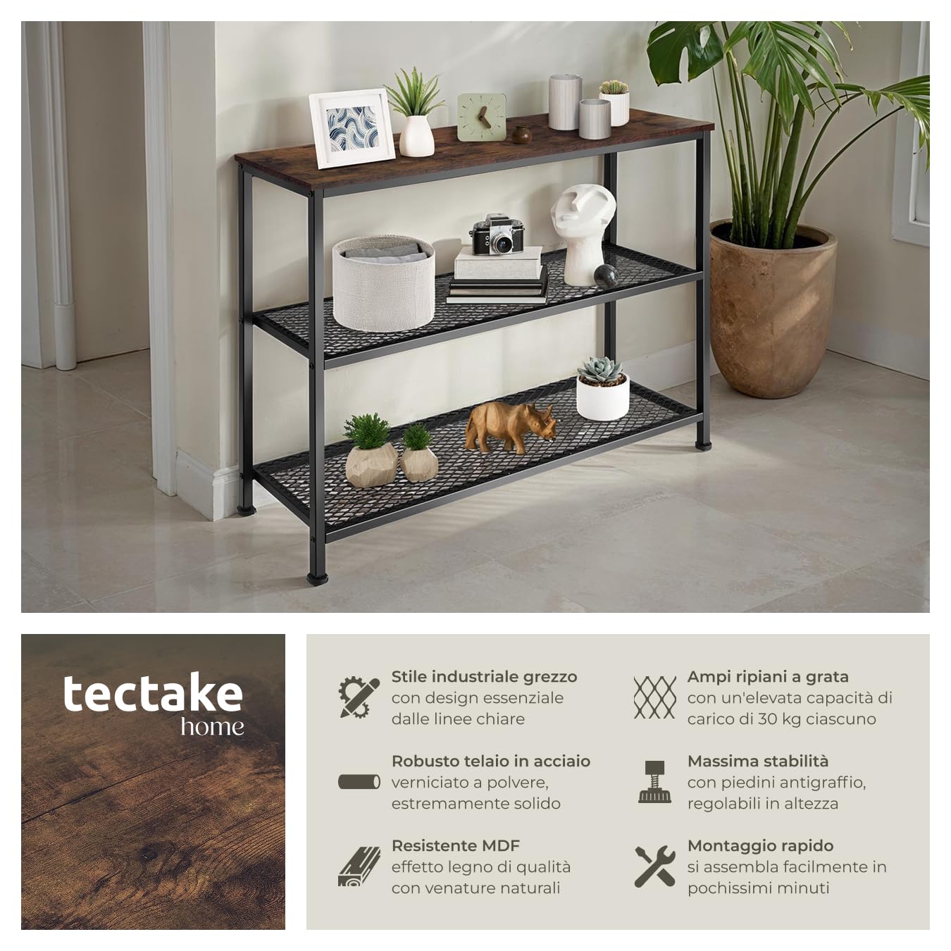 tectake® Tavolo Console, Struttura in Acciaio, Piano in Legno, Due Grandi Piani in Reticolato, Piedi Regolabili, Soggirno, Stile Industriale - Legno Industriale Scuro, Rustico