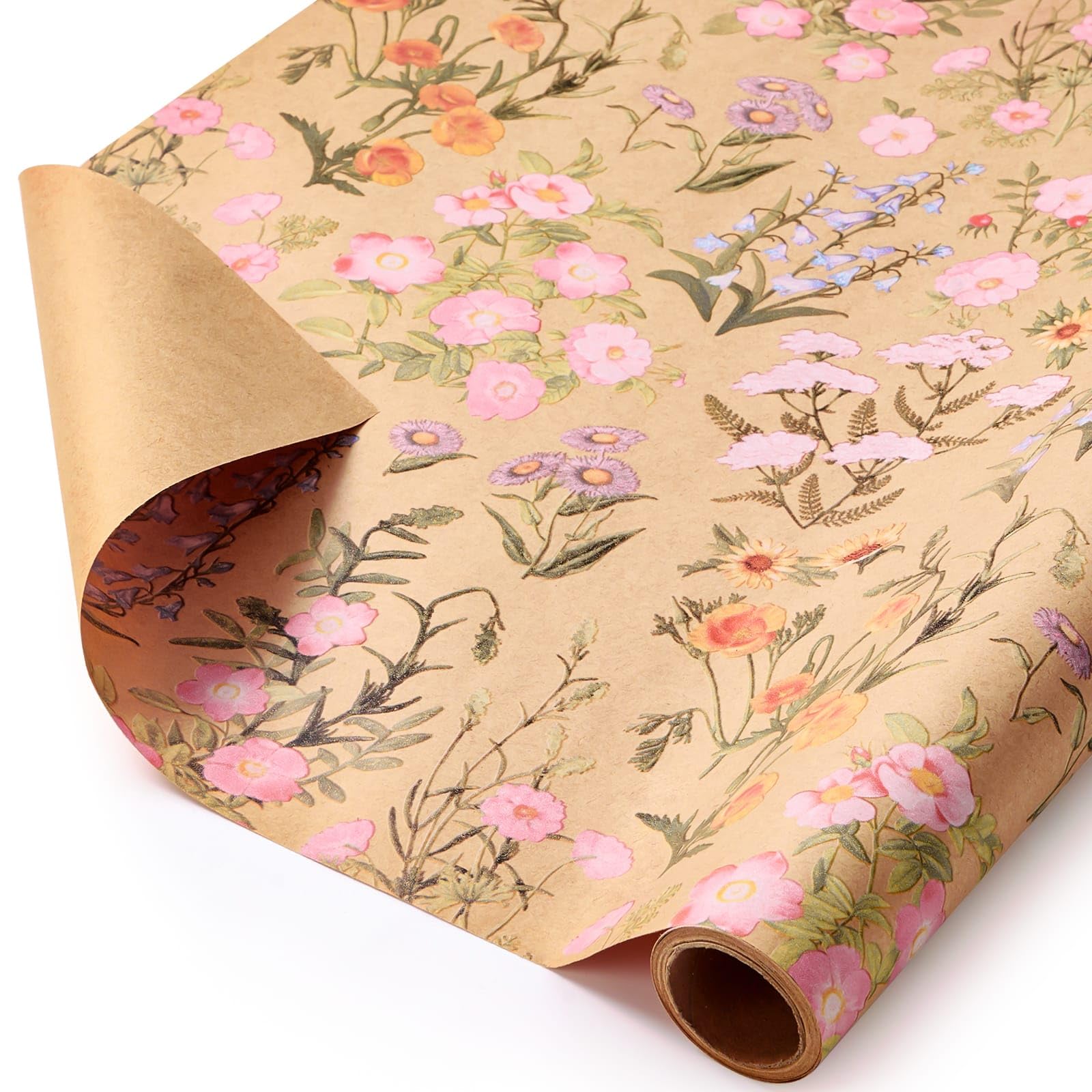 WERNNSAI Kraft Floral Wrapping Paper - 1 Roll Spring Flower Wrapping Paper for Birthday Gift Wrap Wildflower Kraft Gift Packing for Wedding Bridal Shower Mothers Day 43cm X 5m — image 1