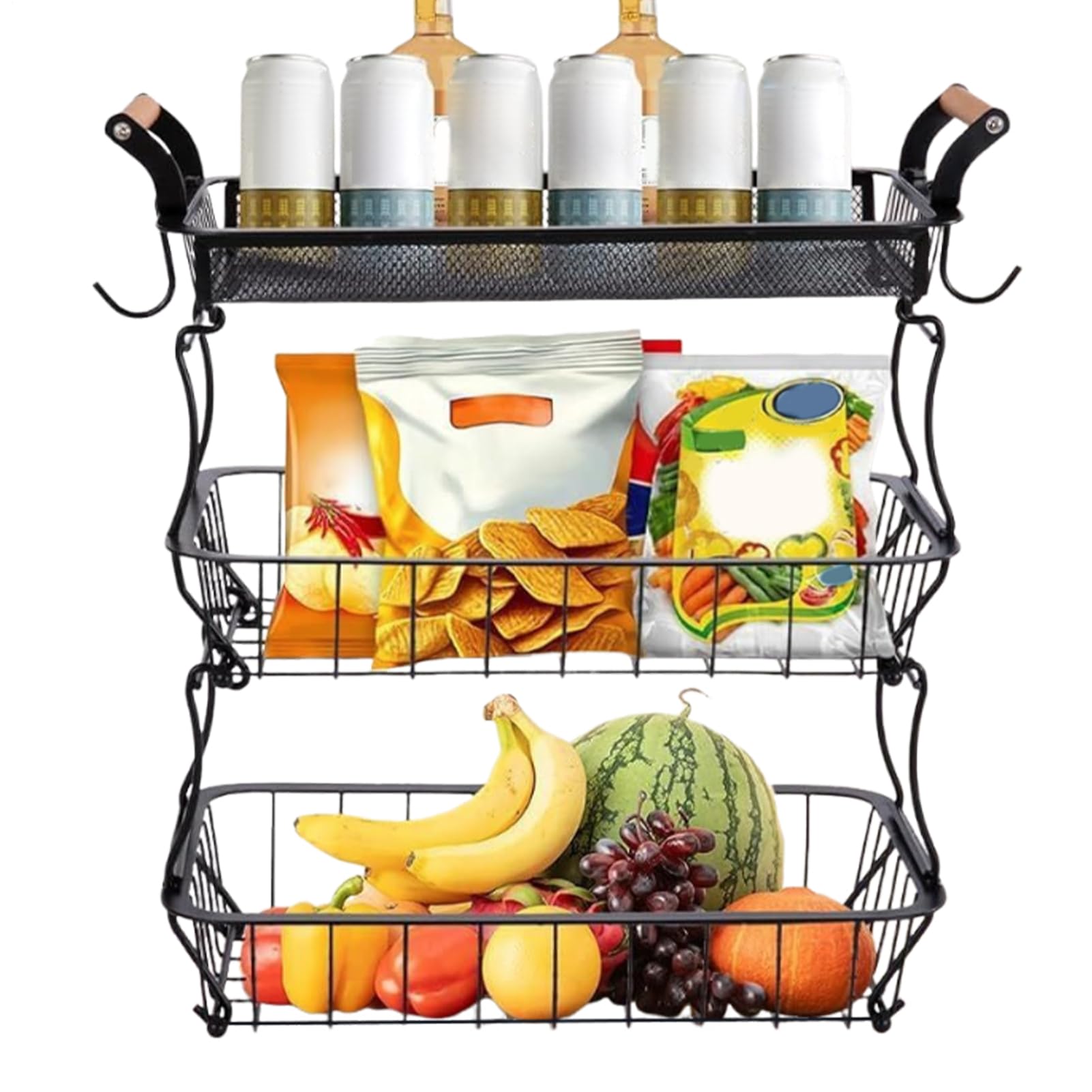 Organizador De 3 Niveles Para Frutas Y Verduras De Cocina | Cuenco De Alambre Metalico Con Ganchos Para Plátanos Para Organizacion Y Almacenamiento De Accesorios De