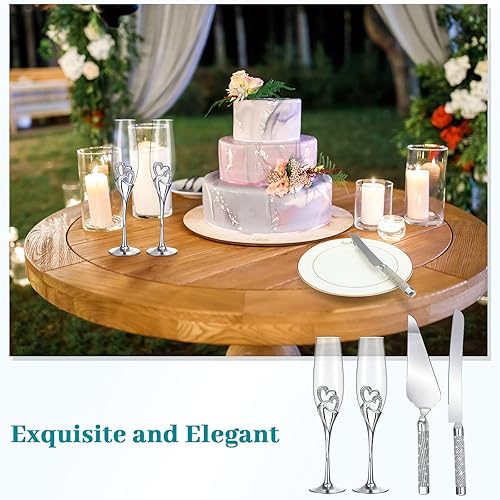 Miniatura 7 de Zhehao Juego de copas de champán y cuchillos para tartas de boda, copas de tostado, copas de champán con diamantes de imitación, decoración de