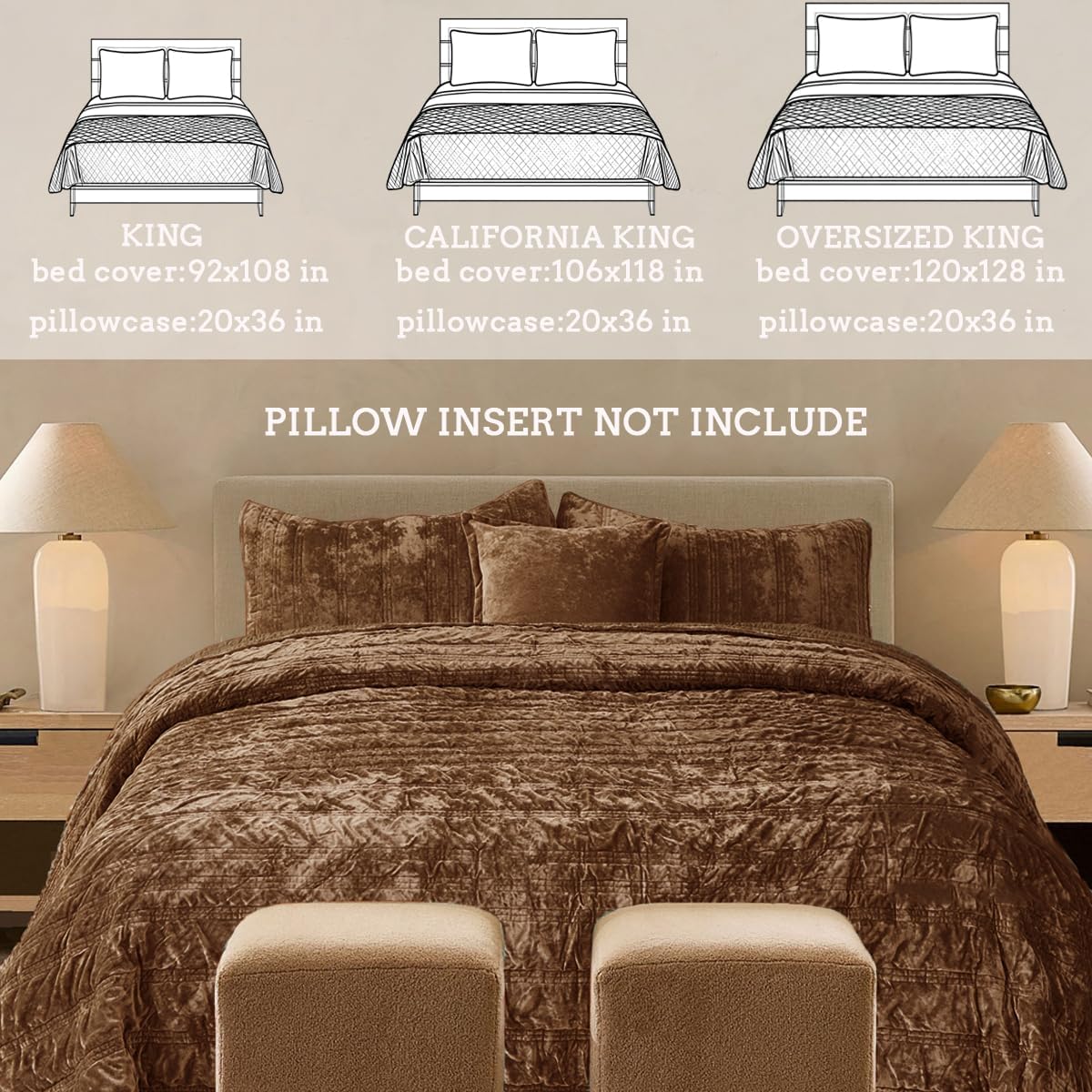 3 Pieces Luxurious Velvet California King Quilts Set 106x118 Ruched Bedspread Coverlet Quilted Bedding Set with 2 Pillow Shams 20x36 Ultra Soft Comforter for All Season, Caramel - Image 3