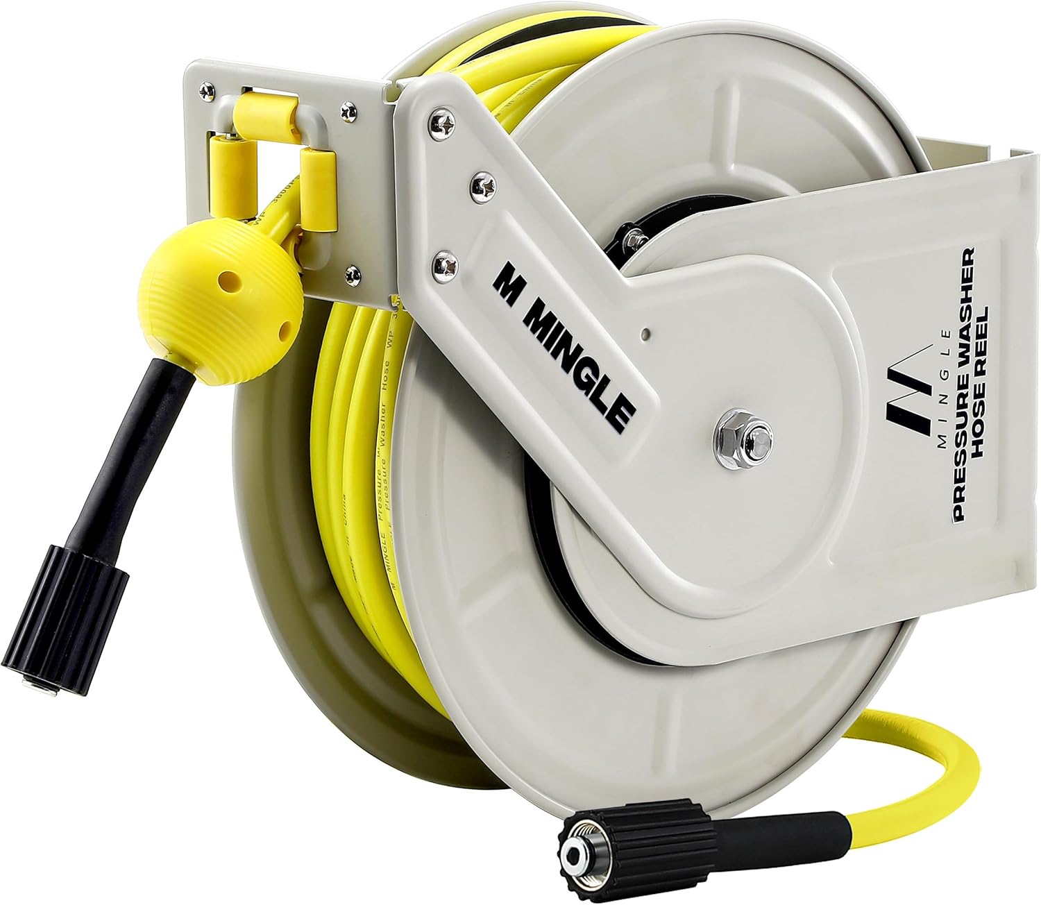 M MINGLE Retractable Pressure Washer Hose Reel, 1/4" × 60ft Power Washer Hose Reel, Auto Rewind Hose Reel, Wall/Floor Mounted, 3600 PSI