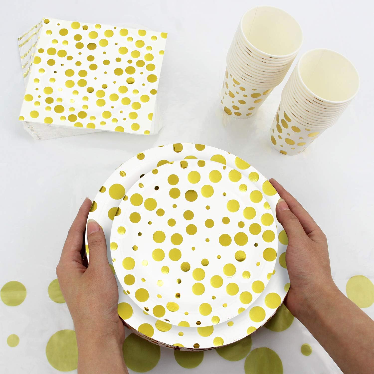 352 Piece White with Gold Dots Party Supplies Set Including Plates, Cups, Napkins, and Tablecloths, Serves 50