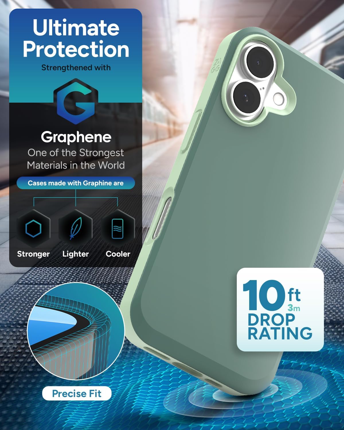 ZAGG SoHo Snap Case for iPhone 16 - MagSafe Compatible, 10ft Drop Protection, Graphene-Infused, Wireless Charging, Eco-Friendly, Two-Tone Design, Green
