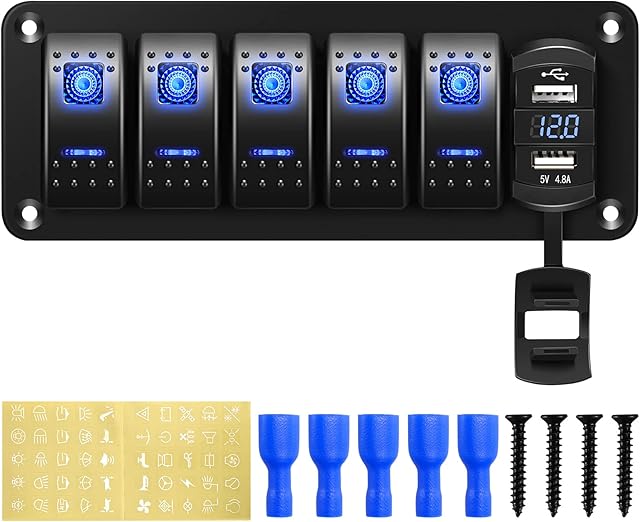 Rupse 5 Gang Rocker Switch Panel ON/OFF Toggle Switch, IP65 Waterproof 12V/24V Dual USB Charger Port 4.8A with Digital Voltmeter Display for Car Truck Boat Trailer RV UTV ATV Yacht Trailer Caravan