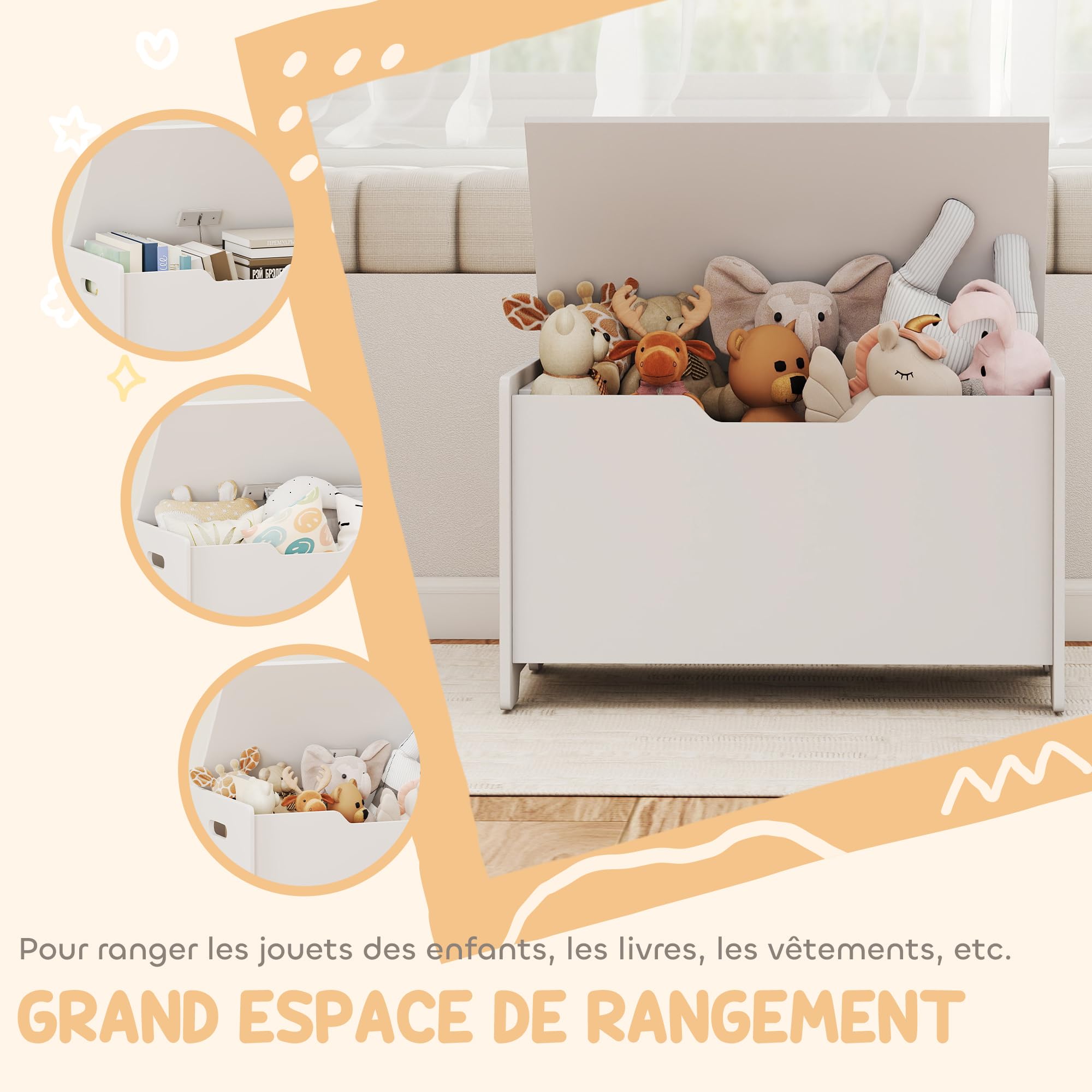 AIYAPLAY Kinderspielzeugtruhe mit Klappdeckel, Kinderaufbewahrungstruhe, Bärenform, Sicherheitsscharnier, Spielzeugaufbewahrung für Mädchen Jungen von 3 bis 8 Jahren, 60 x 38 x 48 cm, weiß