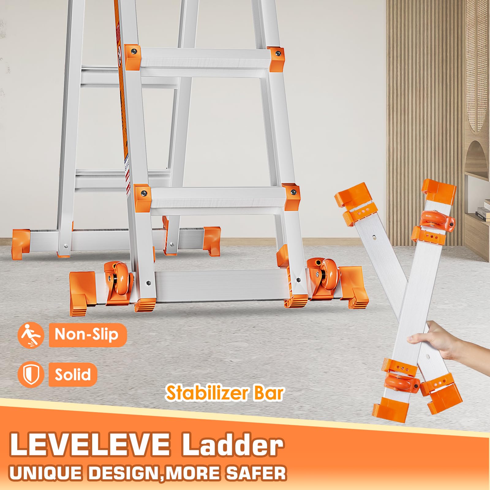 Escalera de 4 peldaños con múltiples Posiciones, Escalera Deslizante de 4,2 m con estabilizador y Ruedas, Carga de Seguridad de 150 kg, una Escalera de Marco para escaleras, hogar, Interior, Exterior