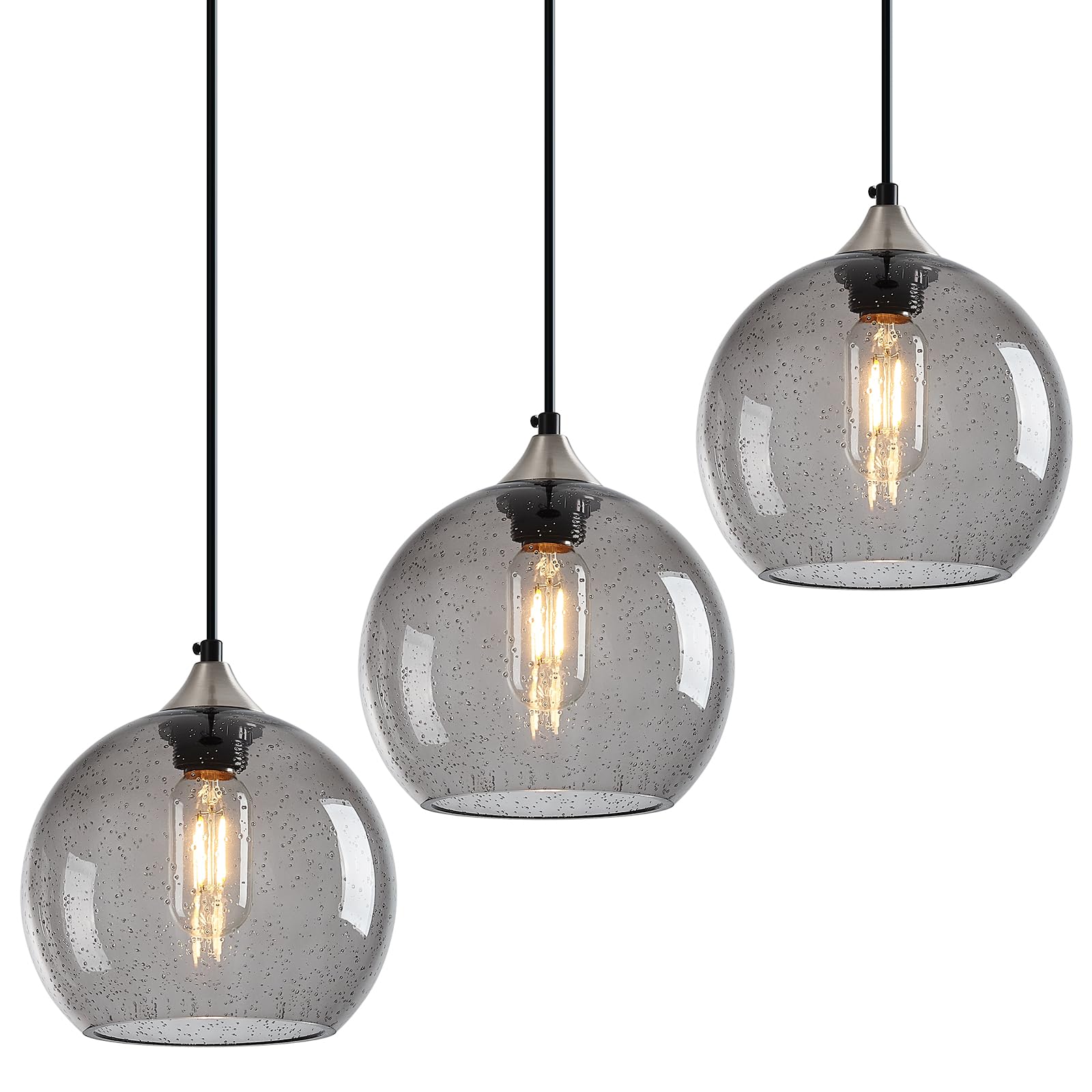 Grey Pendant Lights Kitchen Island 3 Pack, 7.87 in Seeded Glass Globe