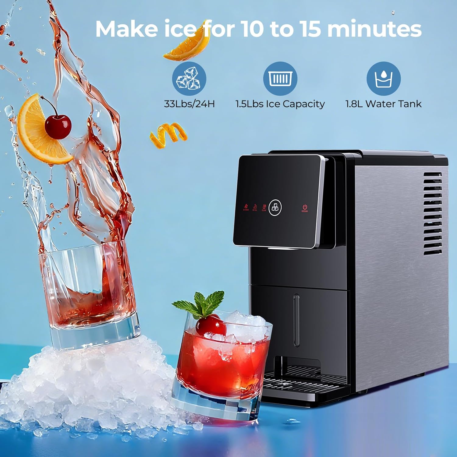 Antarctic Star Countertop Nugget Ice Maker, Self-Cleaning Portable Ice Machine, 33 lb/24H, 1.8L Water Tank, 1.5 lb Ice Storage, Touch Screen & Auto Ice Drop, for Home/Office/Kitchen