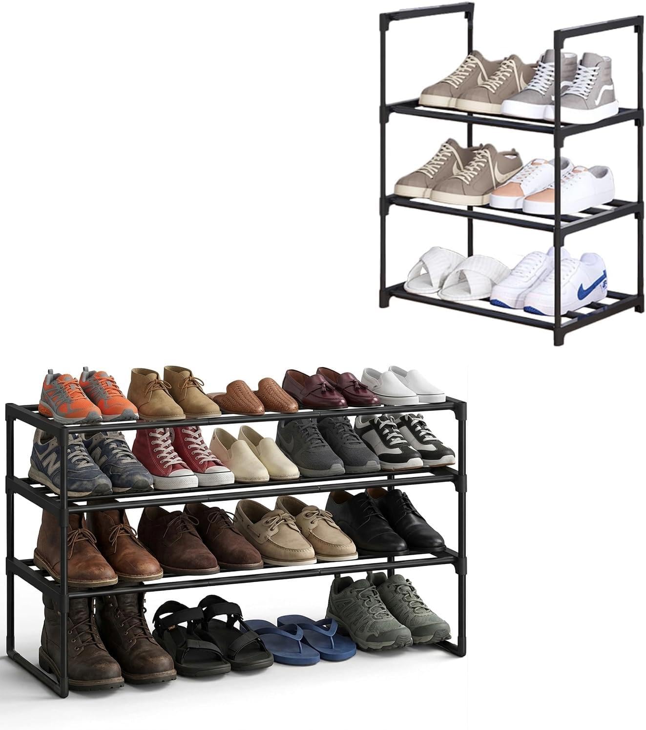 Mooisco 3-Tier Expandable Shoe Rack for 16-20 Pairs, Adjustable Metal Shoe Storage, Upright or Upside Down, Stackable, 15.7" W x 12" D x 21.45" H for