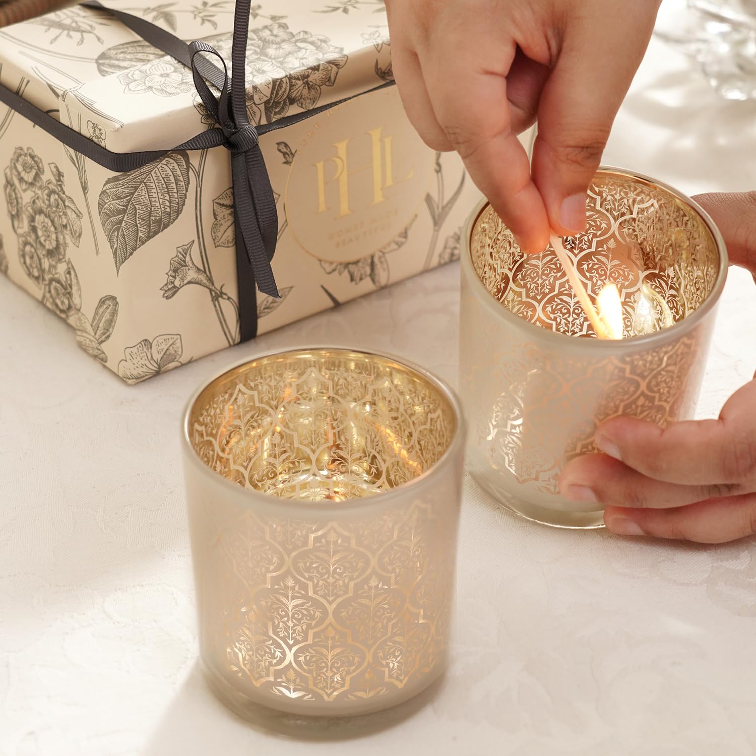 Pure Home + Living Set of 2 Pearl and Gold Patterned Glass Votives - Small-image-21