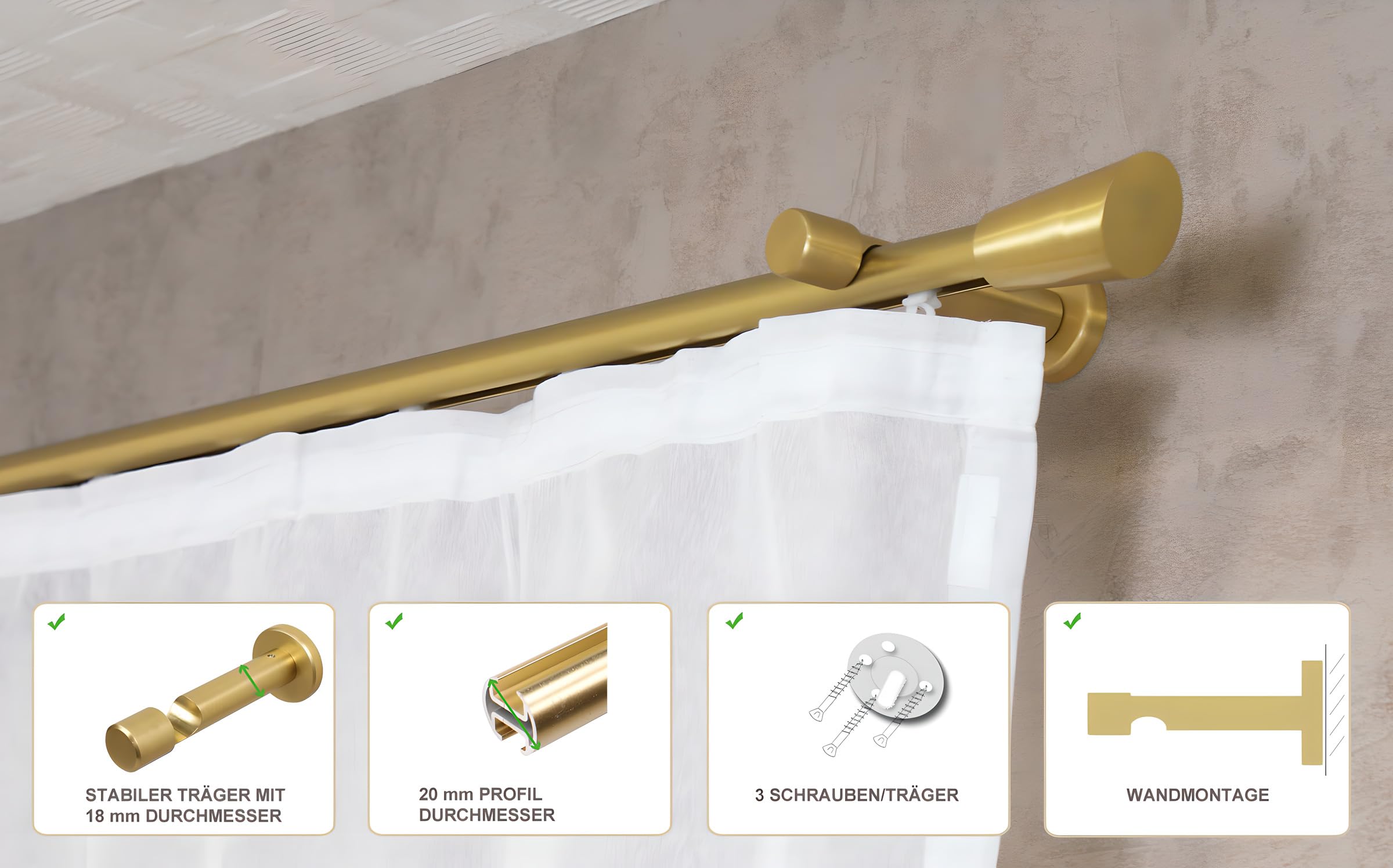 iso-design Innenlauf Vorhangstange mit 20 mm Durchmesser Set inklusive Wandhaltern, Gardinenstange 1-läufig Farbe Messing matt, Endstück Digo, 200 cm