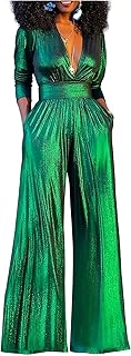 Sexy Jumpsuits for Women V-Neck 3/4 Sleeve Gold Foil High-Waist Wide-Leg...