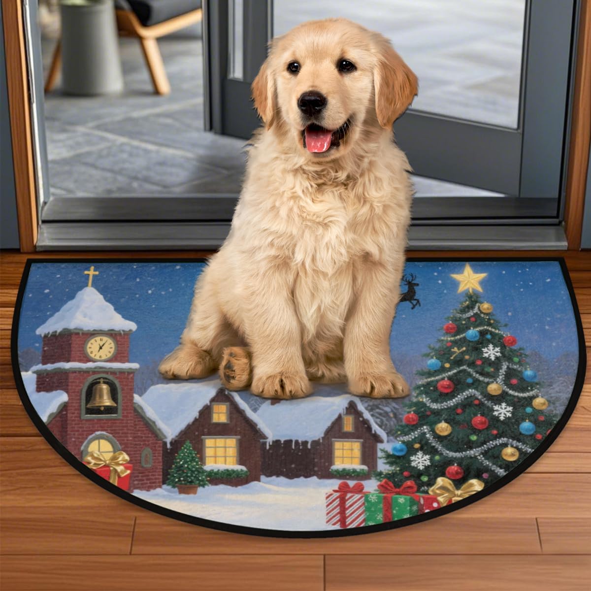 Half Round Door Mat - Indoor Outdoor Christmas Town Scene Half Circle Rug for Entryway, Bathroom, Kitchen - Washable Non-Slip Half Moon Mat with Boho Floral Vintage Design - Small Floor Mat