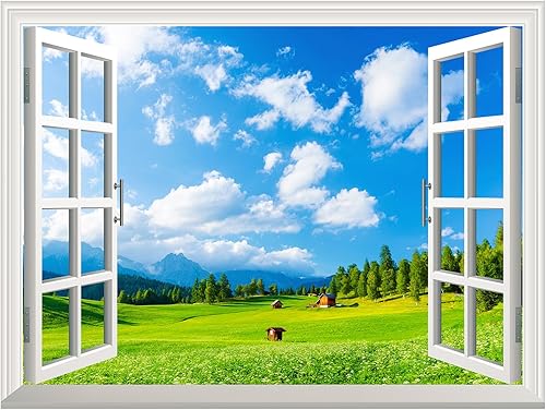 Miniatura 2 de Adhesivo de pared extraíblemural de pared, cielo azul y hierba verde fuera de la ventana abierta, decoración creativa de pared - 24 x 32 pulgadas