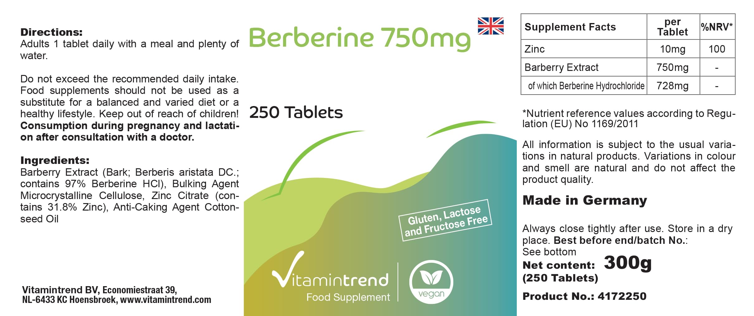 Vitamintrend Berberina 750mg, 250 tabletas, con zinc, altamente dosificado 97% berberina HCl, complemento alimenticio vegano sin estearato de magnesio, fabricado en Alemania