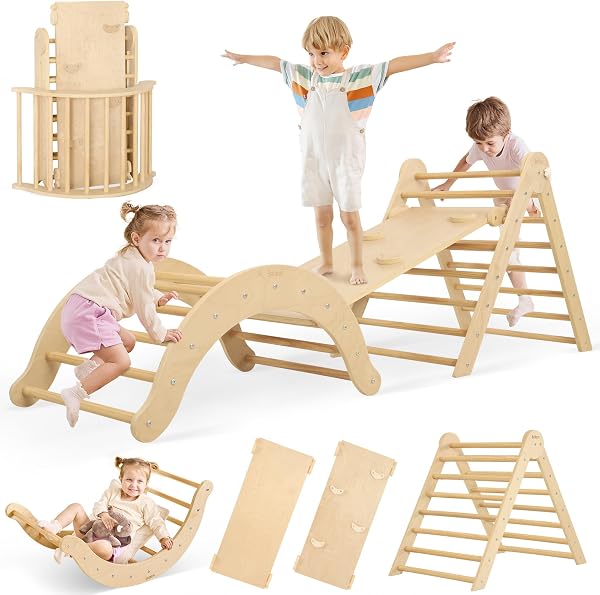 Belleur 7-in-1 Pikler Triangle Set, Foldable Wooden Indoor Climbing Toys for Toddlers 1-3