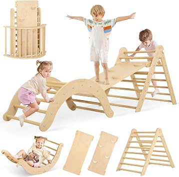 Belleur 7-in-1 Climbing Toys for Toddlers 1-3 Years Old, Foldable Wooden Pikler Triangle Set Indoor, Montessori Climbing Set with Arch, Ramp & Ladder - Natural