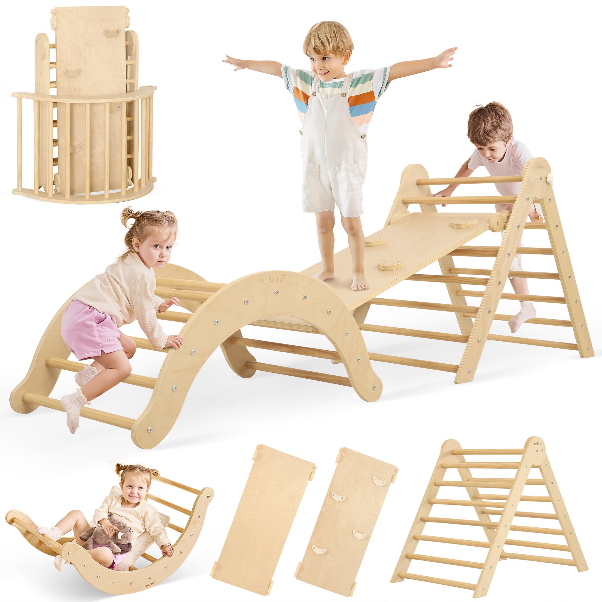 Belleur 7-in-1 Climbing Toys for Toddlers 1-3 Years Old, Foldable Wooden Pikler Triangle Set Indoor, Montessori Climbing Set with Arch, Ramp &amp; Ladder - Natural