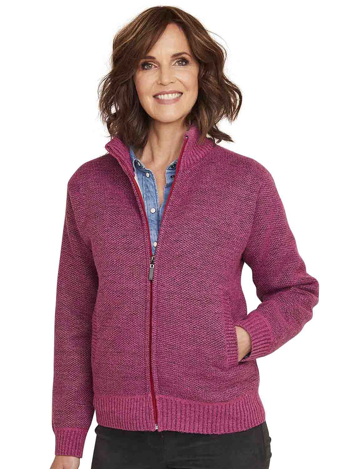 Amber Ladies Knitted Fleece Lined Zip Cardigan with Faux Fur Inner, Long Sleeve Outerwear (Sizes 10–26) Raspberry 10