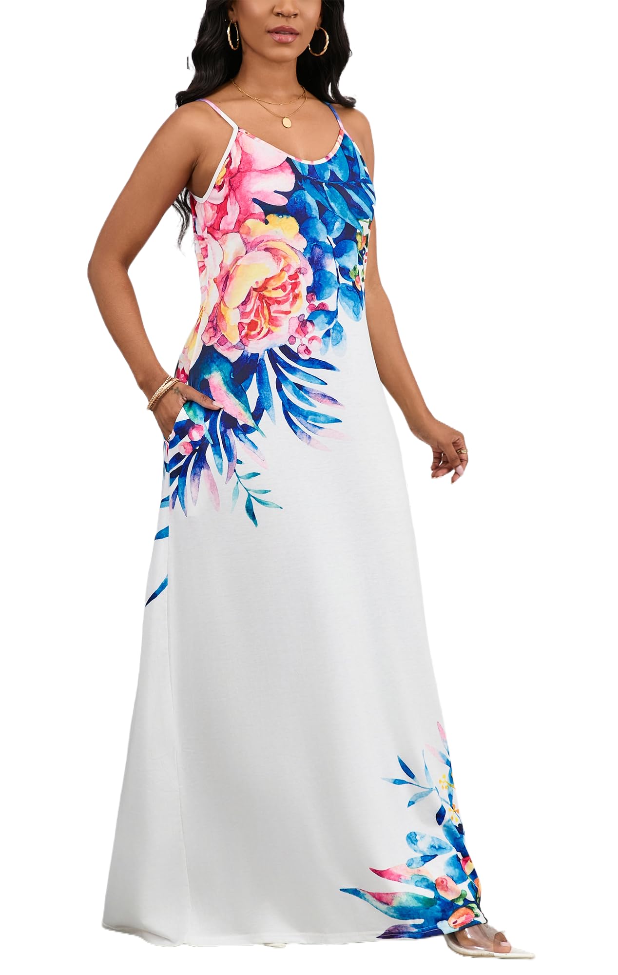 SheKissWomen's Summer Sleeve A-Line Cold Shoulder Loose Sundress Maxi Dress