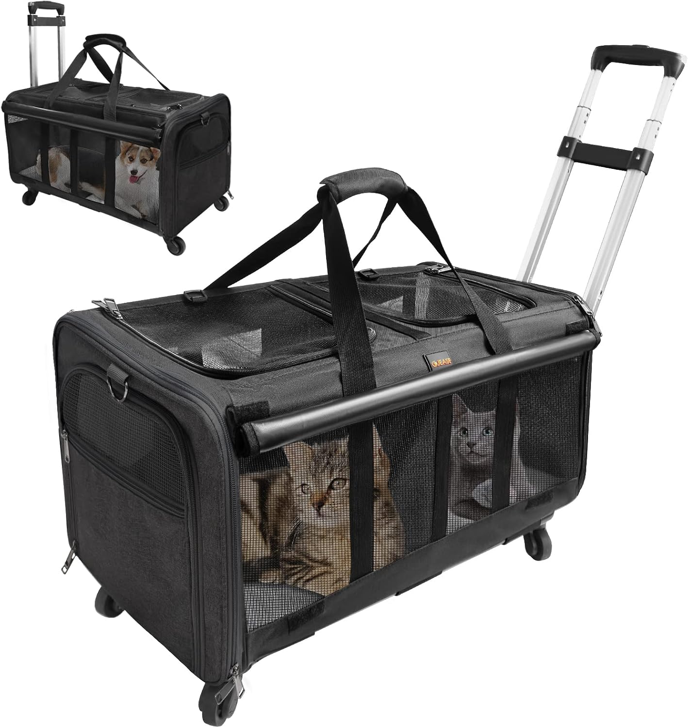 GJEASE Cat Rolling Carrier for 2 Cats,Double-Compartment Pet Rolling Carrier with Wheels for 2 Pets,for Up to 35 LBS,Super Ventilated…