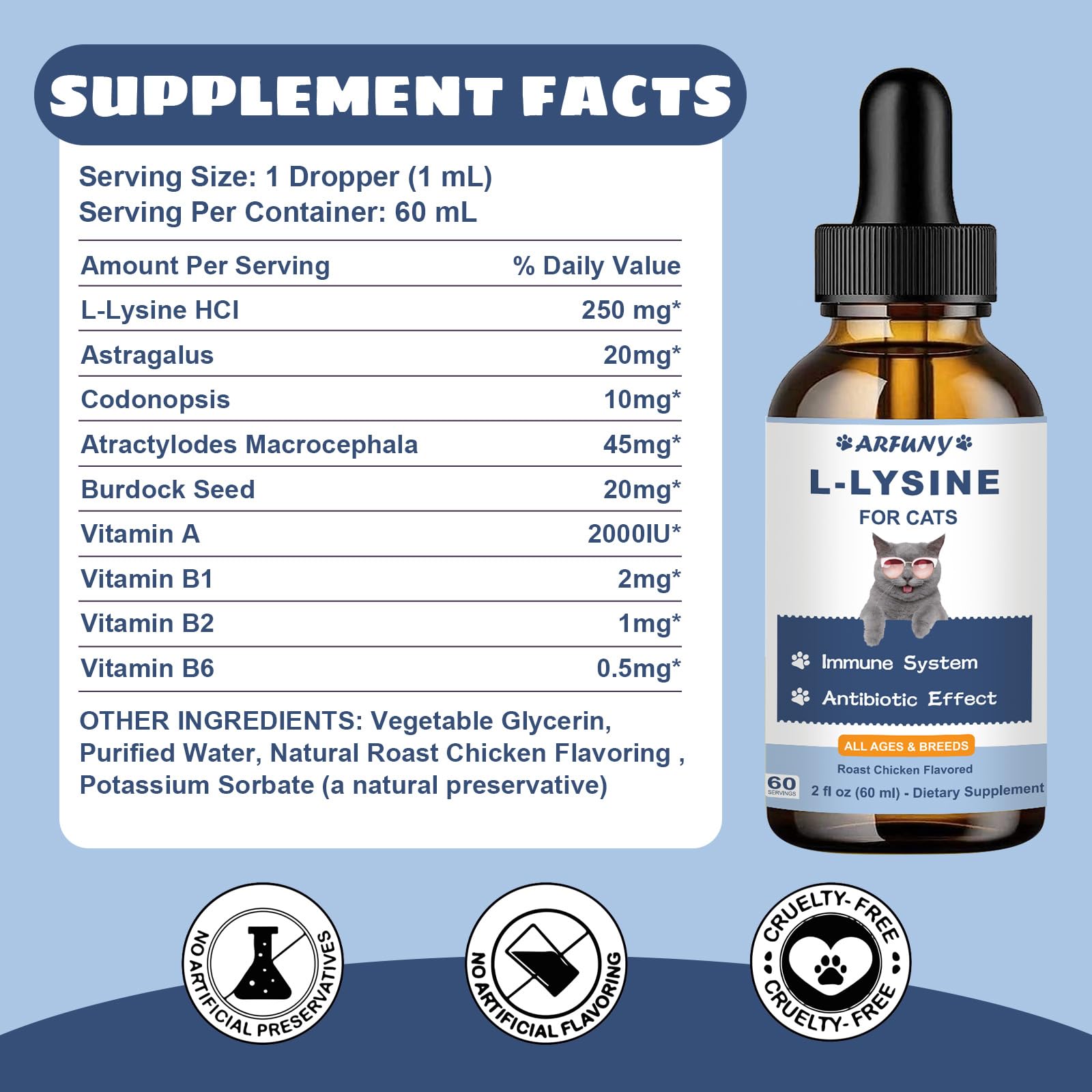 Lysine Chat - pour Système Immunitaire, Bien-Être Respiratoire, Yeux - 60ML Lysine pour Chats - Gouttes Antibiotiques Naturelles pour Chats - Arôme de Poulet Rôti