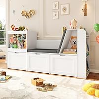VortinT 66.9" Kids Reading Nook Toy Storage Organizer with Stuffed Animal Zoo, Bench, Cushions & 3 Drawers - White Wooden Bookshelf for Nursery Playroom