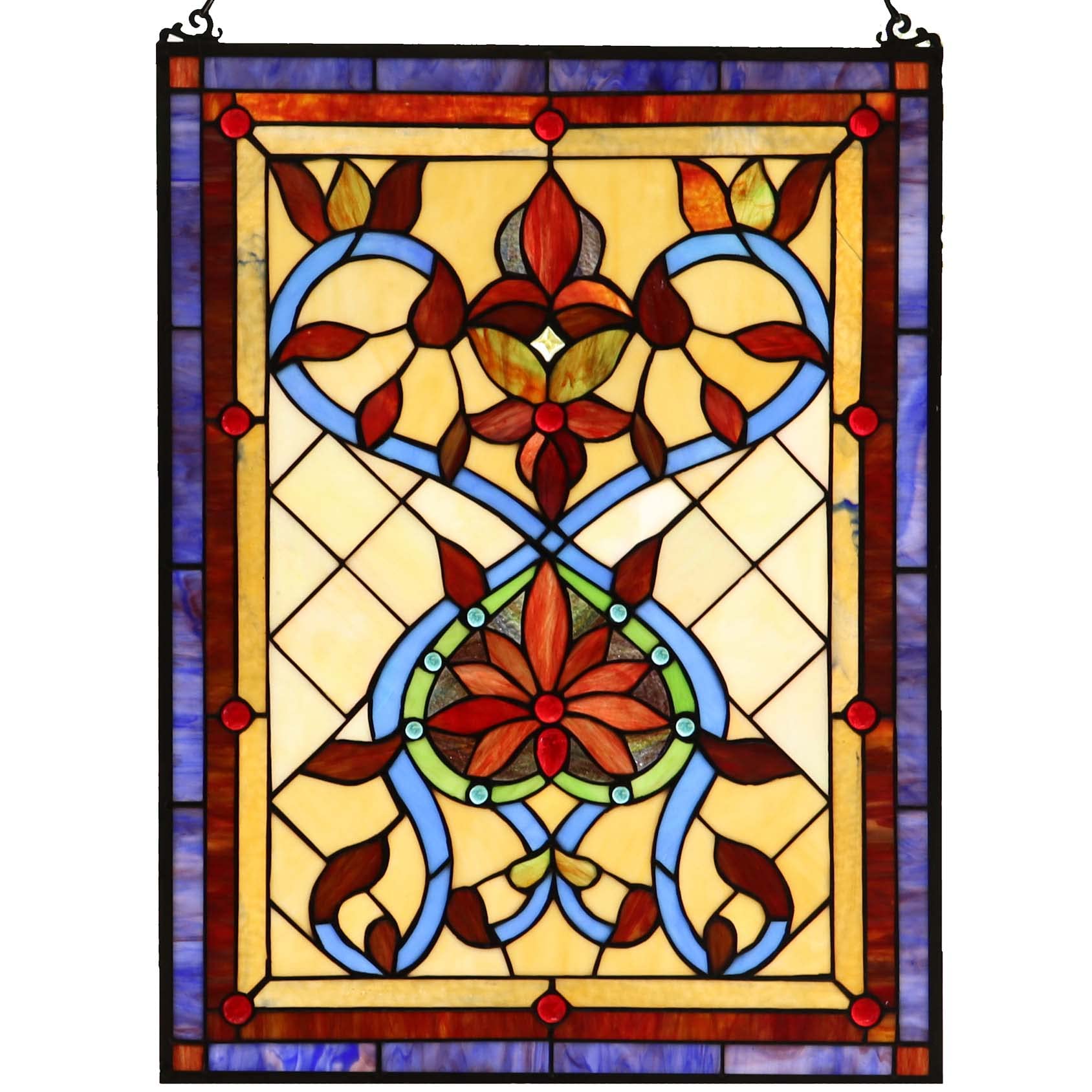 Bieye W10032 Fiery Heart and Flower Tiffany Style Stained Glass Window Hangings Panel with Chain, Orange, 25" H x 18" W