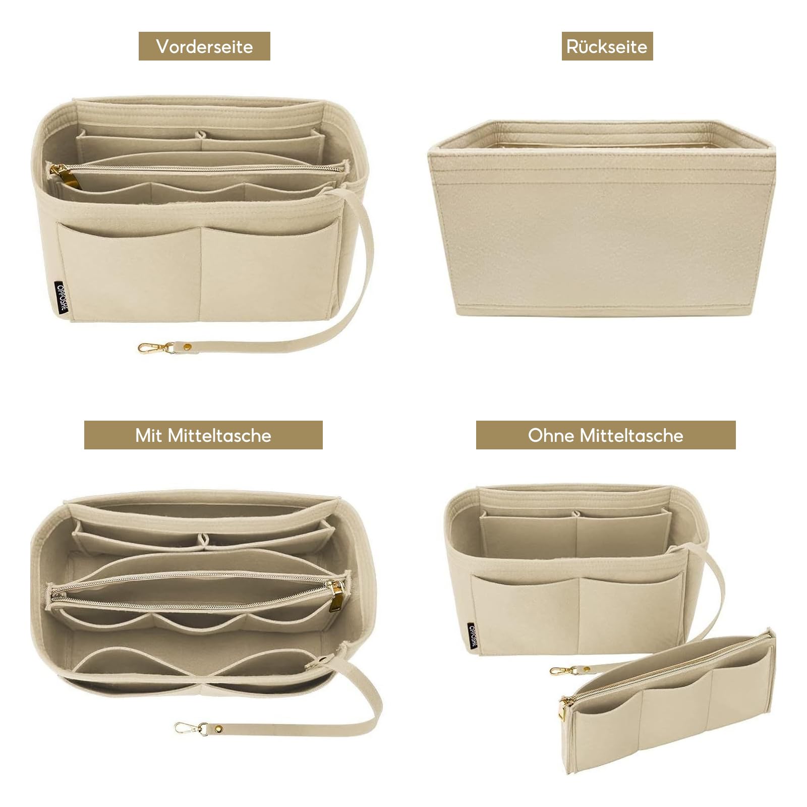 Beżowy filcowy organizer do torebki, wielofunkcyjna kosmetyczka, organizer do torebki, 2 w 1 wkład z oddzielnymi kieszonkami do torebek dla kobiet, średni (27 * 16 * 16 cm)
