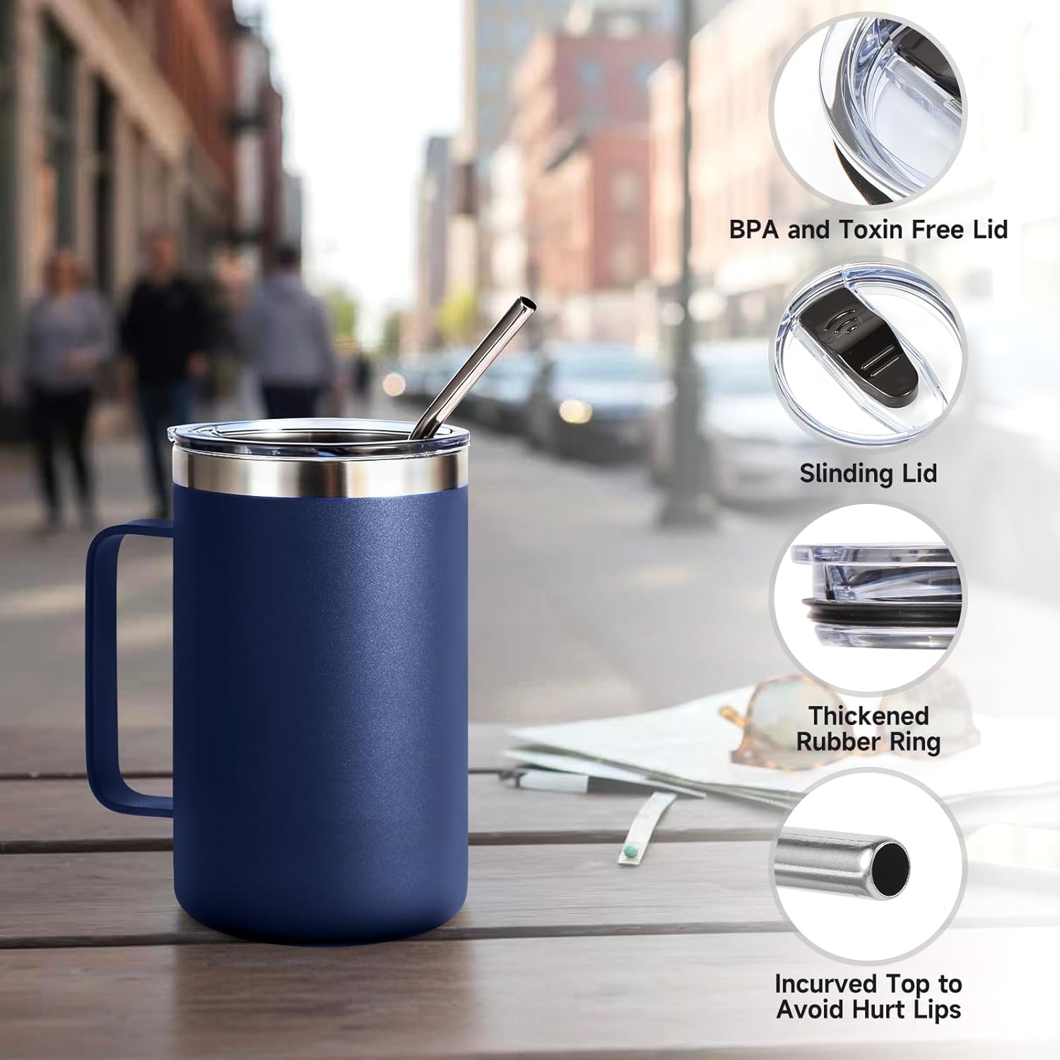 Volhoply 16oz Insulated Coffee Mug with Lid and Straw, Stainless Steel Travel Mugs with Handle, Double Wall Vacuum Leak Proof Coffee Tumbler Cup (Navy,1) - Image 6