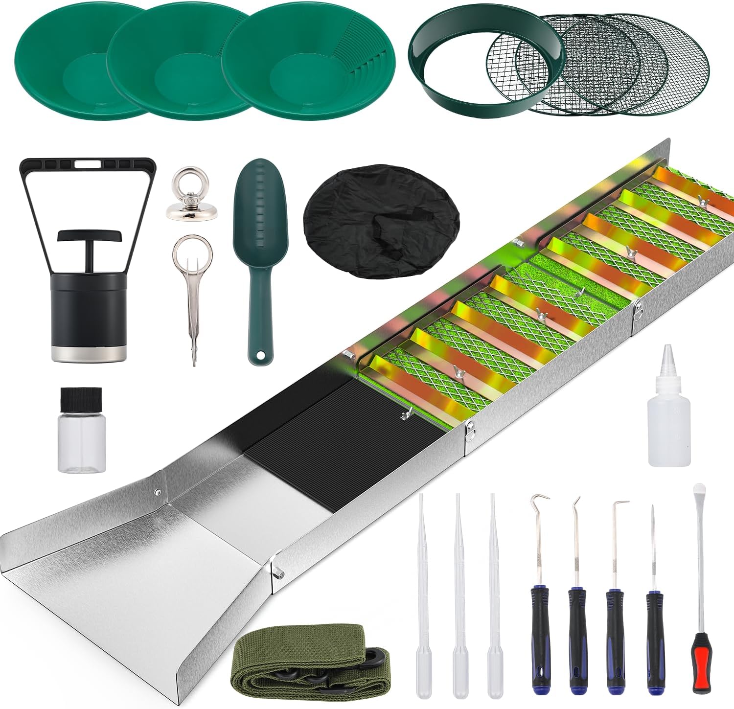 NEWTRY Gold Panning Kit with 50" Folding Sluice Box 27pcs Complete Gold Mining Kit, Gold Pan & Accessories Portable Aluminum Alloy Mining Equipment for Beginner Prospectors